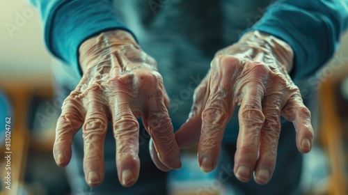 This emotive close-up captures an elderly person's hand reaching out. The detailed wrinkles and veins tell a story of age and experience, themes of support and connection in senior years. Alzheimer