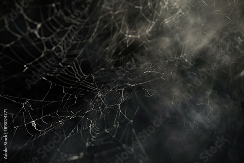 Closeup of a delicate spider web with dew drops on a dark, moody background