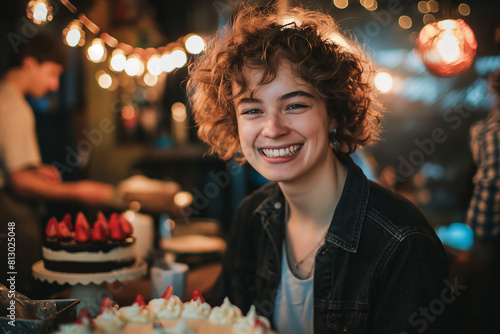 Szczęśliwa, uśmiechnięta młoda kobieta z tortem na przyjęciu urodzinowym.