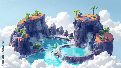 Flat Design Backdrop: Thermal Pools in Volcanic Setting The Ultimate Natural Spa Experience in Isometric Illustration Scene