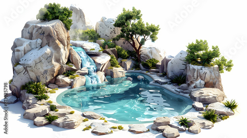 Flat design backdrop: Thermal Pools in Volcanic Setting A Unique Natural Spa Experience Amid Rugged Landscapes with Isometric Scene Illustration