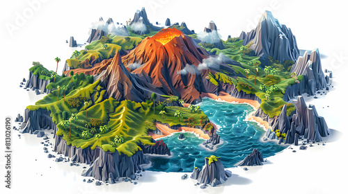 Flat Design Backdrop: Aerial Shot of Volcanic Archipelago Revealing Diverse Formations and Vibrant Life on Each Island Isometric Scene Illustration