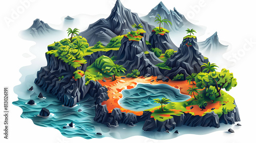 Flat Design Backdrop: Aerial View of Volcanic Archipelago, Showcasing Diverse Formations and Vibrant Life on Each Island Isometric Flat Illustration Concept