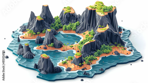 Isometric Scene of Volcanic Archipelago: Aerial View showing Diverse Formations and Vibrant Life on Colorful Islands
