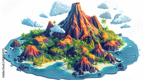 Isometric Flat Design Backdrop: Aerial View of Volcanic Archipelago with Diverse Formations and Vibrant Life