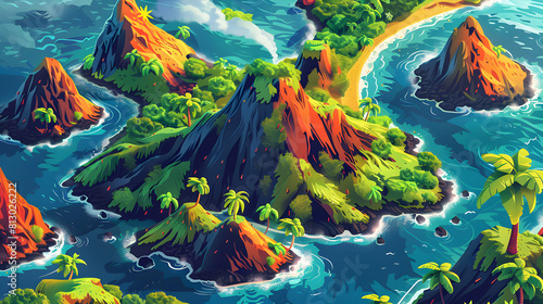 Aerial View of Volcanic Archipelago: Flat Design Backdrop with Vibrant Life and Diverse Formations on Each Island