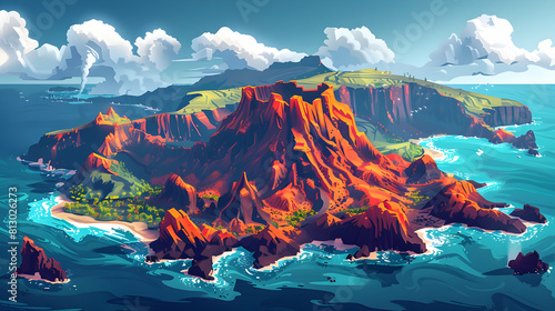 Aerial View of Vibrant Volcanic Archipelago: Isometric Flat Design Backdrop Showcasing Diverse Formations and Rich Life on Each Island