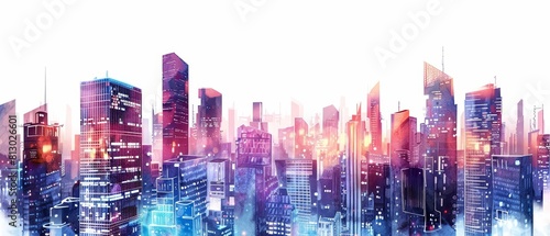 A fantastic watercolor of a futuristic cityscape, showcasing towering skyscrapers with glowing windows, isolated with a white background
