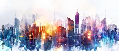 A fantastic watercolor of a futuristic cityscape, showcasing towering skyscrapers with glowing windows, isolated with a white background