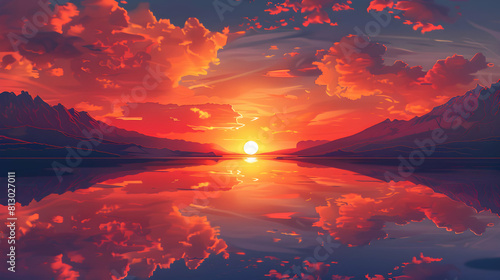 Sunset Reflections: Vibrant Volcanic Lake Isometric Flat Design Backdrop