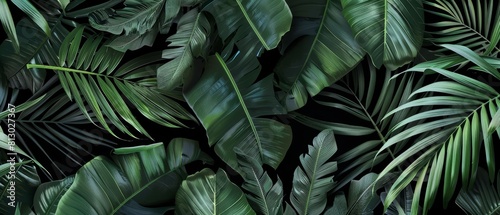 A luxurious pattern of dark green banana and palm leaves on glamorous black wallpaper adds a touch of tropical elegance