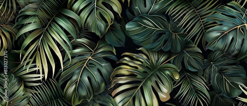 A luxurious pattern of dark green banana and palm leaves on glamorous black wallpaper adds a touch of tropical elegance