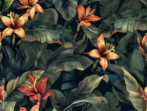 A luxurious wallpaper design combines dark, glamorous backgrounds with the vibrant, handdrawn style of tropical flowers and banana leaves in a seamless pattern