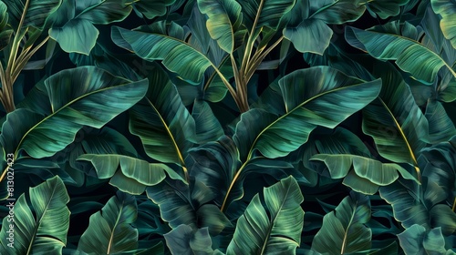 A seamless pattern of dark green banana leaves against a glamorous night background offers a vintage and luxurious feel for highend wallpaper