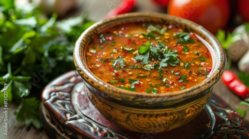 The cuisine of Yemen. Yemeni sugar. The sauce is brown. Garlic, chili pepper, fresh tomatoes, coriander, parsley, olive oil, ground cumin, turmeric, curry powder.