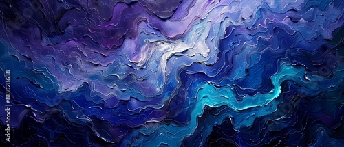 Abstract rough textures in blue and purple evoke the wild beauty of ocean waves, rendered in complementary colors for a dramatic art piece