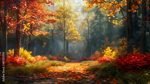 Autumn Tranforms Old Growth Forest into Vibrant Canvas of Colors: Photo Realistic Concept Depicting Deep Reds to Bright Yellows in an Old Growth Forest