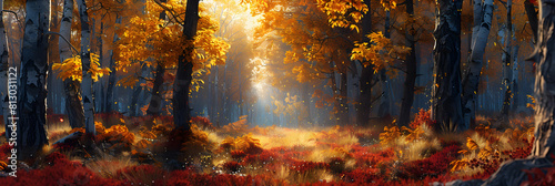Photo realistic image capturing Autumn Colors transforming an old growth forest into a canvas of vibrant colors ranging from deep reds to bright yellows Stock Photo Concept