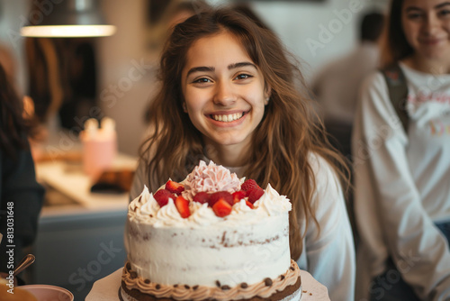 szczęśliwa uśmiechnięta piękna dziewczyna z tortem na przyjęciu urodzinowym