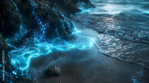 Bioluminescent Tide: The mesmerizing display of light as the tide rolls in, illuminating the beach and rocks Photo Stock Concept