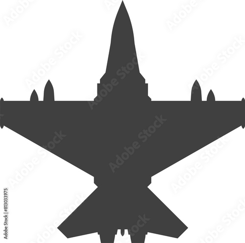 Black airplanes top view. Military jet fighter and civil aviation cargo and passenger planes silhouette icons aerial view. Vector overhead look of airplane set