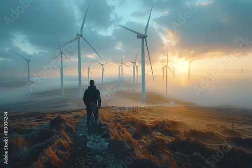 A solitary figure is seen contemplating a field of wind turbines against a beautiful sunrise
