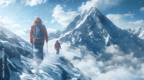 Frosty Summit Adventure: Adventurers Trekking Towards Snow Capped Challenge on the Mountain