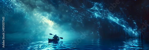 Kayaking through Bioluminescent Waters: Mesmerizing Photo Realistic Adventure Captured under the Stars