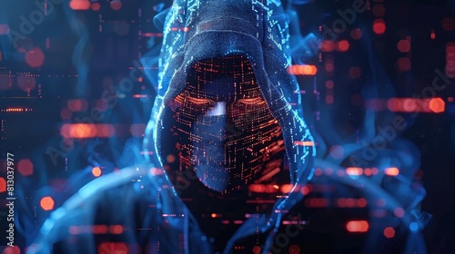 A man wearing a hoodie, possibly involved in cybercrime activities, stands in a mysterious setting