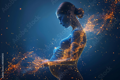 n a serene scene, a pregnant woman anticipates new life, embracing childbirth preparation and impending motherhood, featuring a wireframe against a dark blue backdrop.