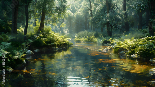 Serene Stream in Old Growth Forest: a Photo realistic portrayal of lush undisturbed vegetation as a meandering stream flows through the heart of nature s beauty