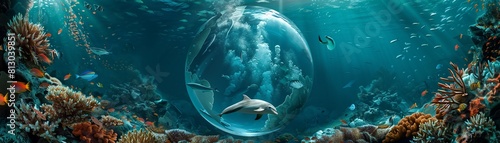 Ocean globe, Coral-adorned, Schools of fish and dolphins swirling inside, Beneath azure waves and swaying kelp forests, Photography, Sunlight, Vignette