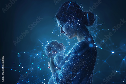 A pregnant woman cradles her newborn, symbolizing new life and preparation for childbirth. Illustrates pregnancy concept, baby-mother communication, and maternity care