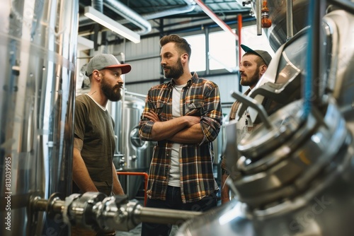 Craft brewers monitoring brewing vats and discussing quality in a modern craft brewery, with a focus on artisanal production technique