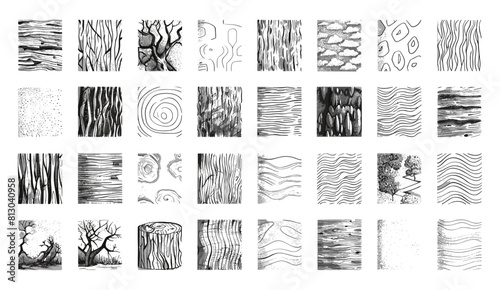Hand drawn pencil line, crosshatch pattern texture set, wood, rain, stripe, hatch organic shape collection, sketch vector illustration. Texture, drawing, nature, pen, sketching.