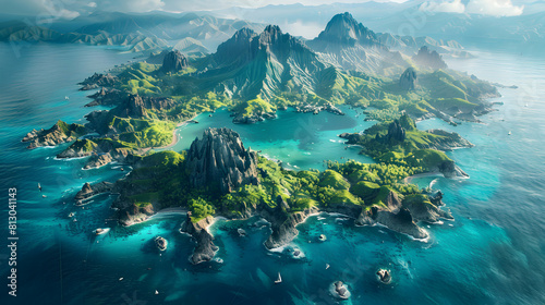 Aerial View of Vibrant Volcanic Archipelago: Diverse Formations and Exotic Life on Islands