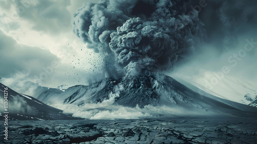 Photo realistic depiction of ominous volcanic ash clouds billowing from an erupting volcano, showcasing nature s powerful force in a dramatic display of raw energy and beauty. Perf