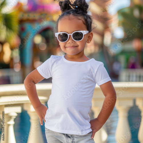 Confident mixed race girl wearing cool sunglasses at a vibrant amusement park