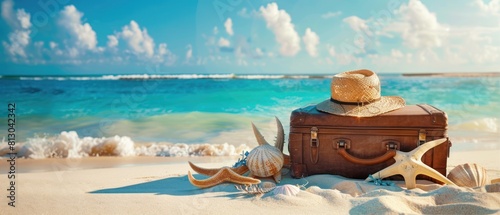 Illustration creative Beach accessories in suitcase with beautiful beach background