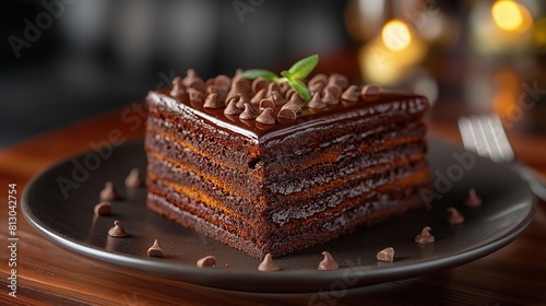 A decadent slice of triple-layer chocolate cake, adorned with chocolate shavings, a delightful surprise for dessert