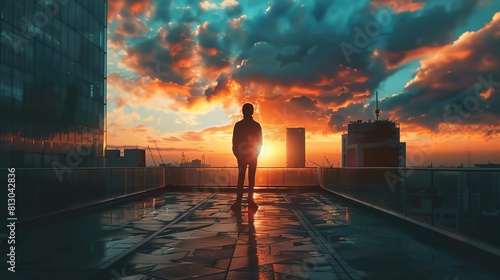 A silhouette of a person stands on a rooftop terrace gazing at a dramatic sunset. The sky is streaked with orange, red, and blue colors, suggesting either early morning or late afternoon. Reflections 