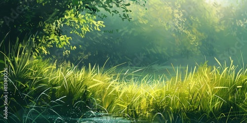 Painting capturing field of grass adorned with dew drops. Morning freshness concept