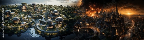 Futuristic City Versus Apocalyptic Destruction: A Split-View Digital Artwork