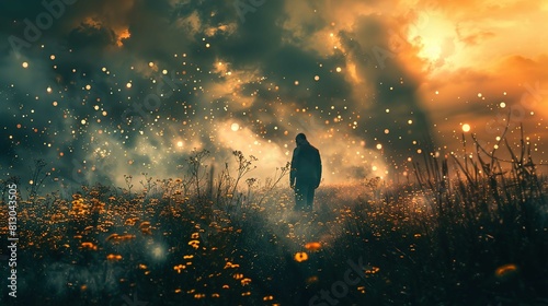 The image captures a moody, atmospheric scene of a solitary figure standing in a field of flowering plants at either dawn or dusk. The sky is partly obscured by clouds, but a warm glow from the sun cr