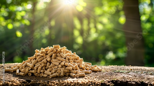 Biomass wood pellets showcased as green energy against a natural scene.