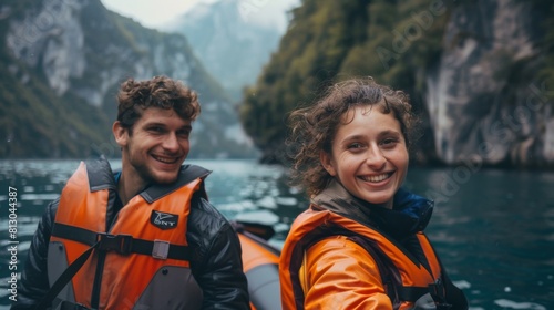 Couple sitting in canoe, taking self-portrait with phone, adventure background