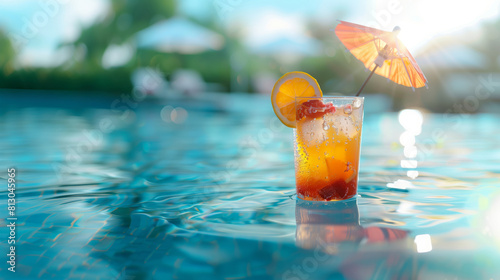 A refreshing tropical cocktail with sliced fruits and an umbrella by a pool
