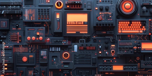 The image is a retro futurism dashboard with a lot of buttons, knobs and switches.
