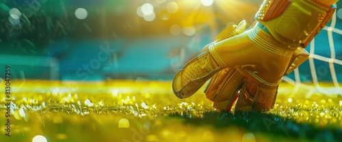 Soccer Field Background With A Close-Up Of A Goalkeeper'S Gloves