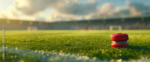 Soccer Field Background With A Close-Up Of A Referee'S Whistle